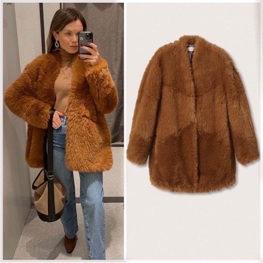 Mango MNG Oversized Brown Faux Fur Jacket Coat - Picture 2 of 10